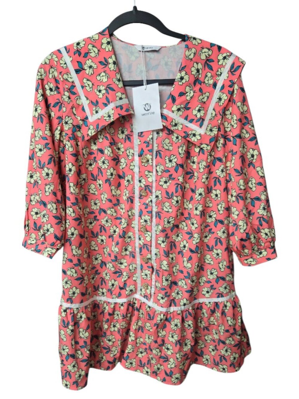 Wenrine NWT Pink Floral Ruffle Babydoll Mini Dress Vintage Sailor Collar XS